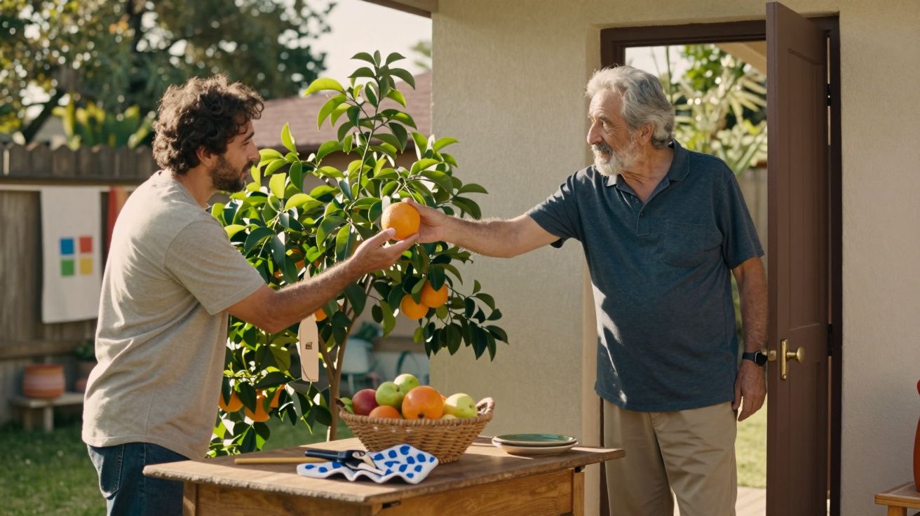 Dois homens junto a uma árvore de laranjas, sorrindo e partilhando uma laranja madura num quintal ensolarado.
