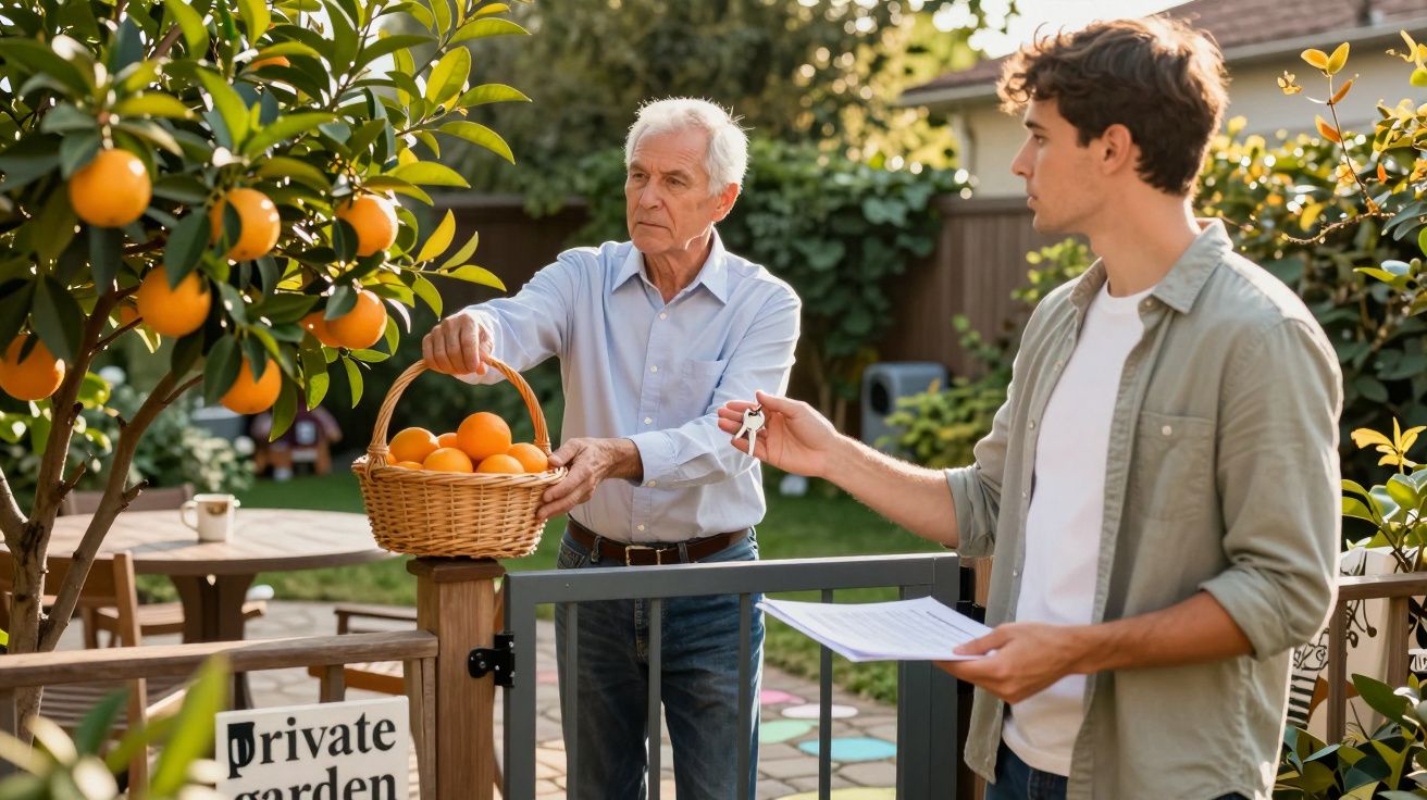 Homem idoso colhe laranjas no jardim enquanto outro homem observa com chaves e documentos na mão.