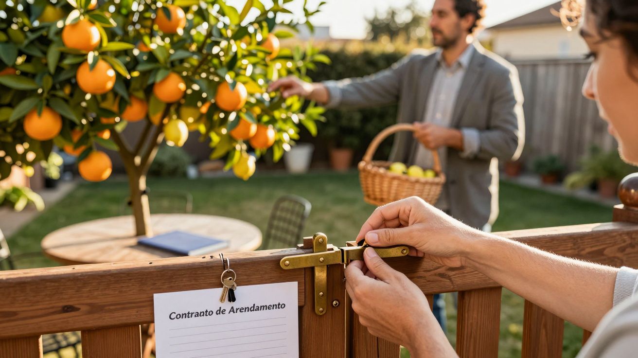 Pessoa fechando portão com contrato de arrendamento; outra colhe laranjas em jardim.