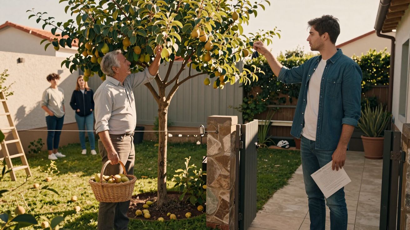 Homem e senhor mais velho colhem limões num jardim, ao lado de uma árvore. Pessoas observam ao fundo.