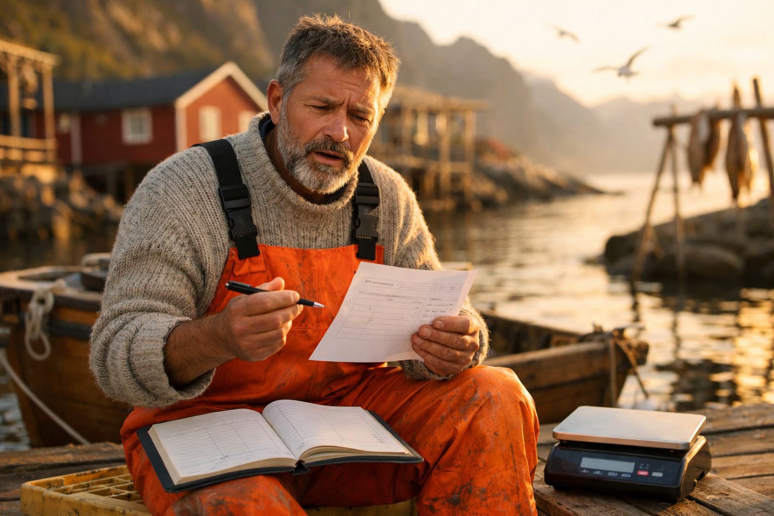 Homem em casaco laranja verifica papel junto a peixe pendurado e caixa de madeira em porto de pesca.