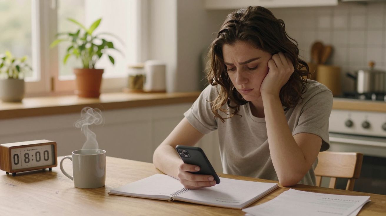 Mulher pensativa olhando para o telemóvel à mesa da cozinha, ao lado de uma caneca e bloco de notas.