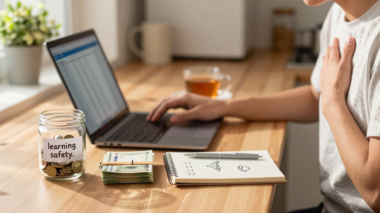 Pessoa a usar laptop com jarro de moedas, caderno, e chá sobre uma mesa de madeira iluminada pelo sol.