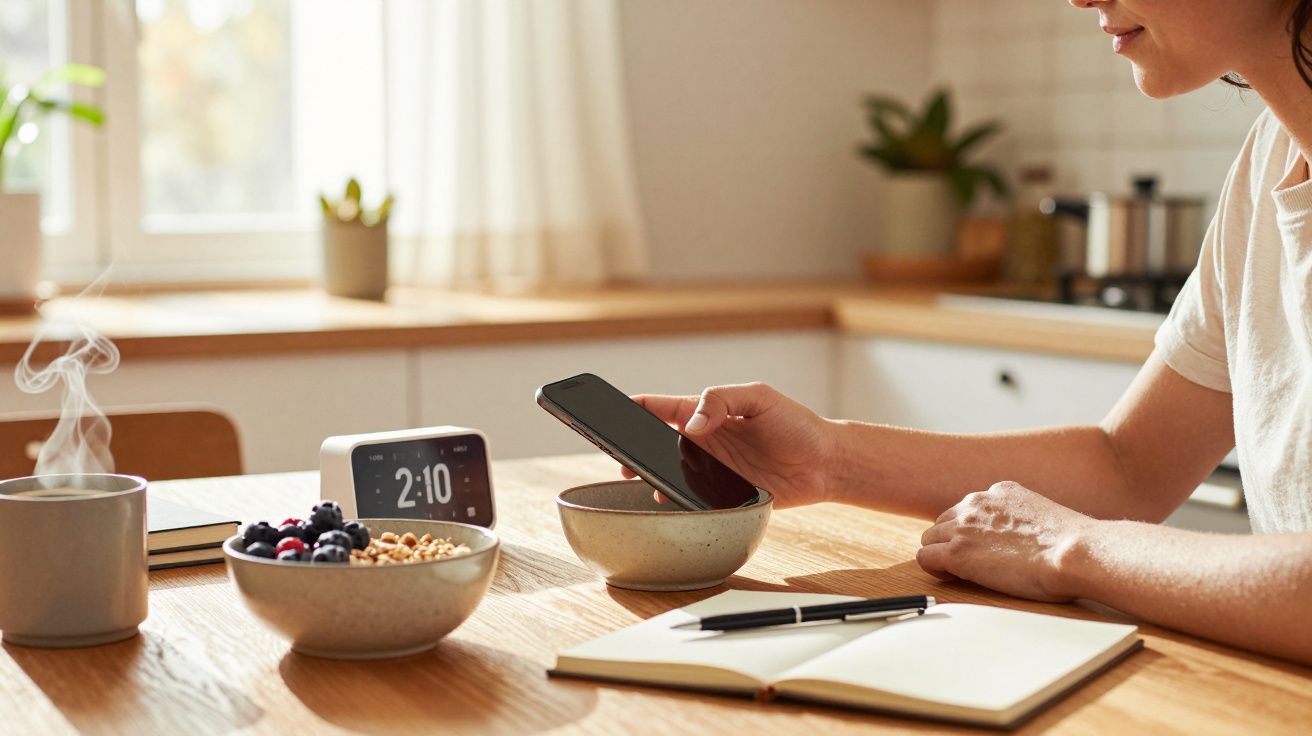 Pessoa usando um smartphone numa cozinha, com um caderno, caneta, relógio digital e pequeno-almoço na mesa.
