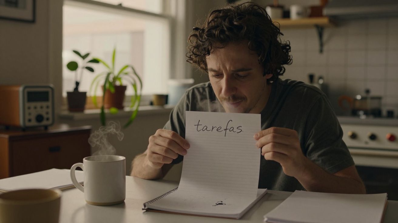 Homem sentado à mesa, segura uma folha com a palavra "tarefas". Há duas chávenas de café e um bloco de notas.