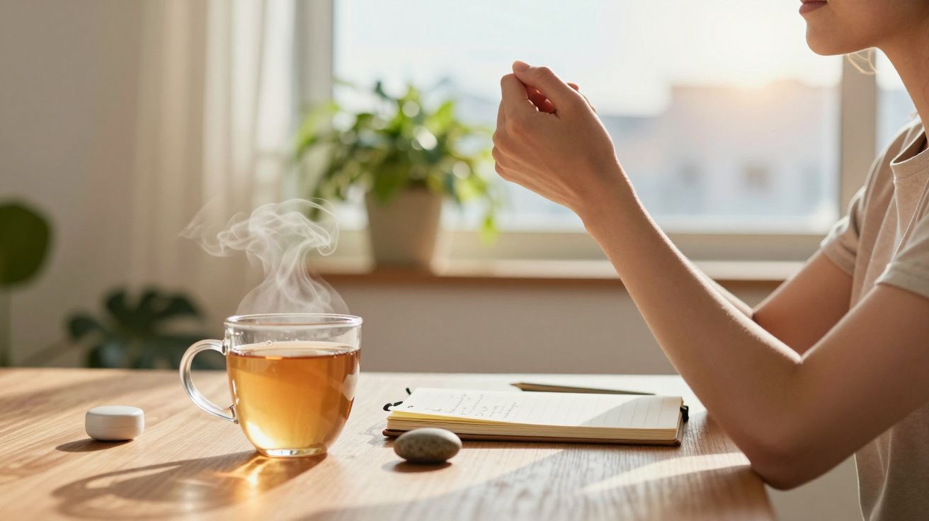 Pessoa sentada à mesa com chá quente, caderno e planta ao fundo, em ambiente iluminado pela luz do sol.
