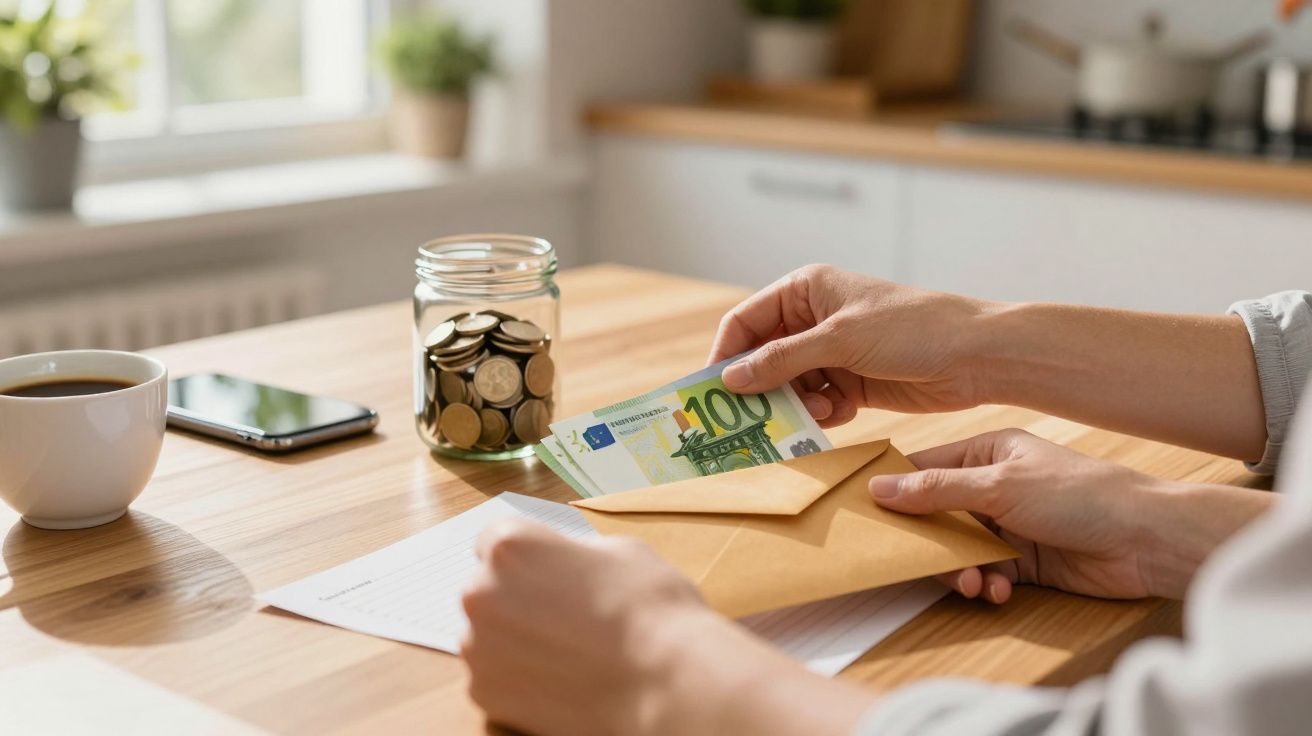 Pessoa coloca notas de euro num envelope sobre mesa, ao lado de moedas num frasco, café e telemóvel.