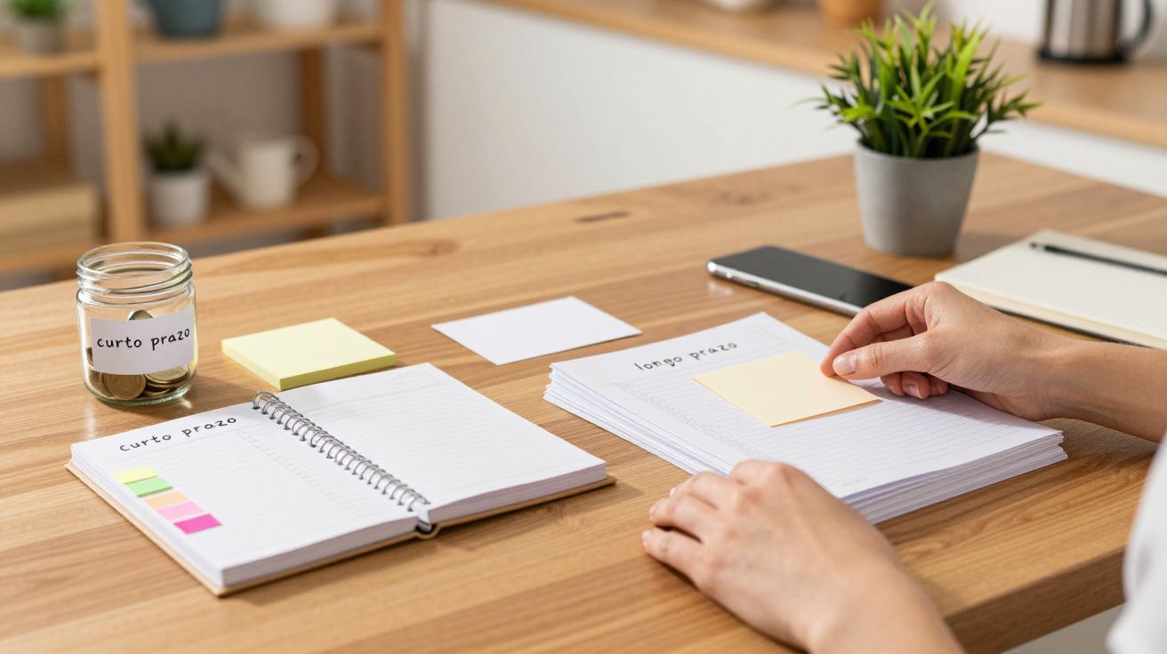 Pessoa organiza notas, cadernos e jarra etiquetada "curto prazo" em mesa de madeira; planta ao fundo.