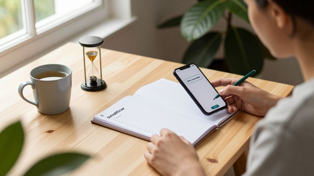 Pessoa usa smartphone e escreve num caderno; ao lado, uma chávena de café e uma ampulheta sobre a mesa.