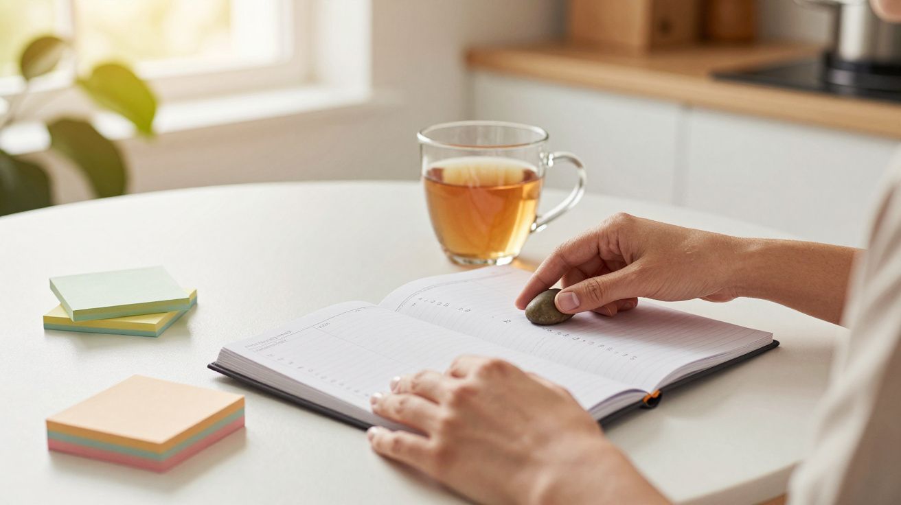 Pessoa escreve num caderno em mesa branca com chá e post-its coloridos.