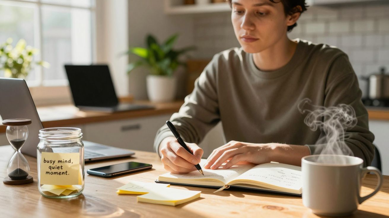 Pessoa a escrever num bloco de notas em cozinha iluminada, com computador, chávena e ampulheta na mesa.