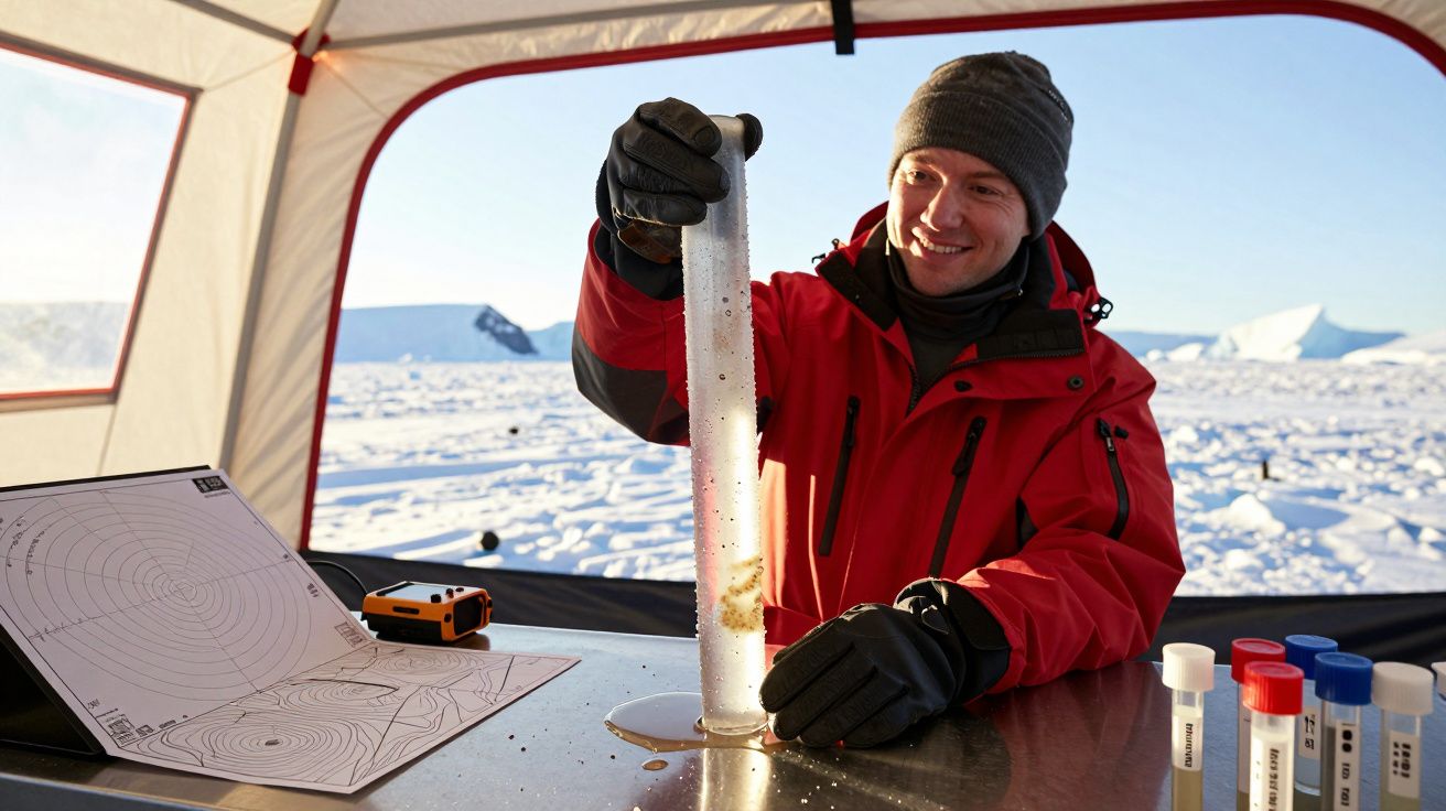 Cientista num parque polar analisa amostra de gelo em tenda aquecida com planilhas e tubos de ensaio ao redor.