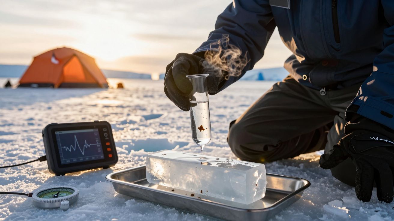 Investigador analisa amostra de gelo no Ártico, com equipamento científico e tenda laranja ao fundo.