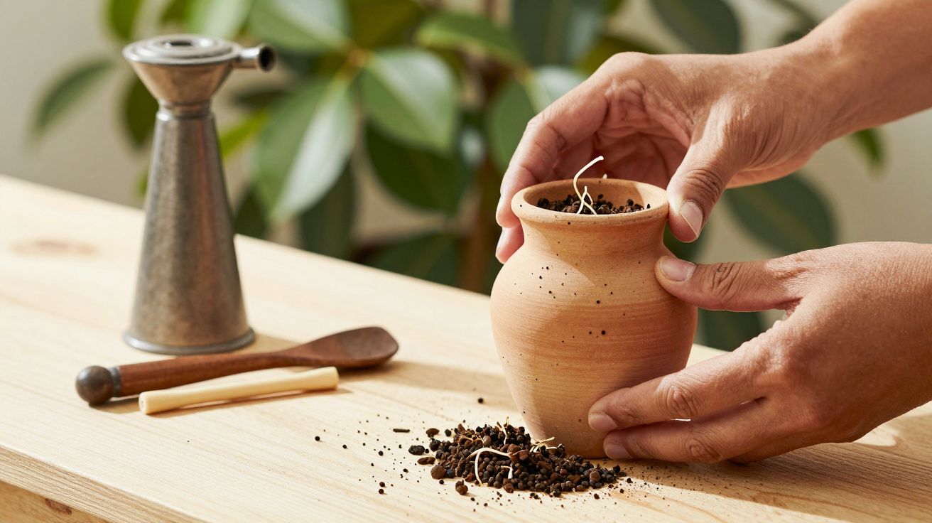 Mãos seguram vaso de barro com solo e broto; regador e colher de madeira sobre mesa de madeira clara.