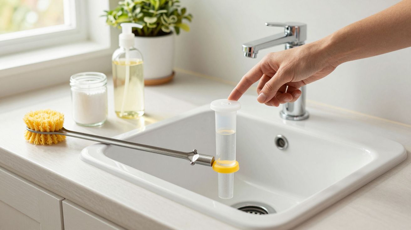 Mão aponta para um dispensador de sabão num lavatório branco, com escova e garrafas ao fundo.