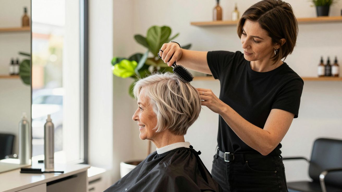 Cabeleireira penteando cabelo grisalho de uma cliente sorridente num salão moderno.