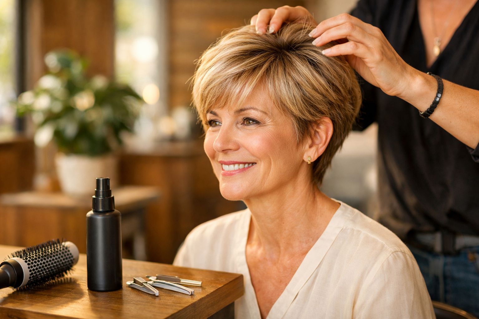 Mulher sorridente em salão de beleza, recebendo corte de cabelo curto com pente e tesoura.