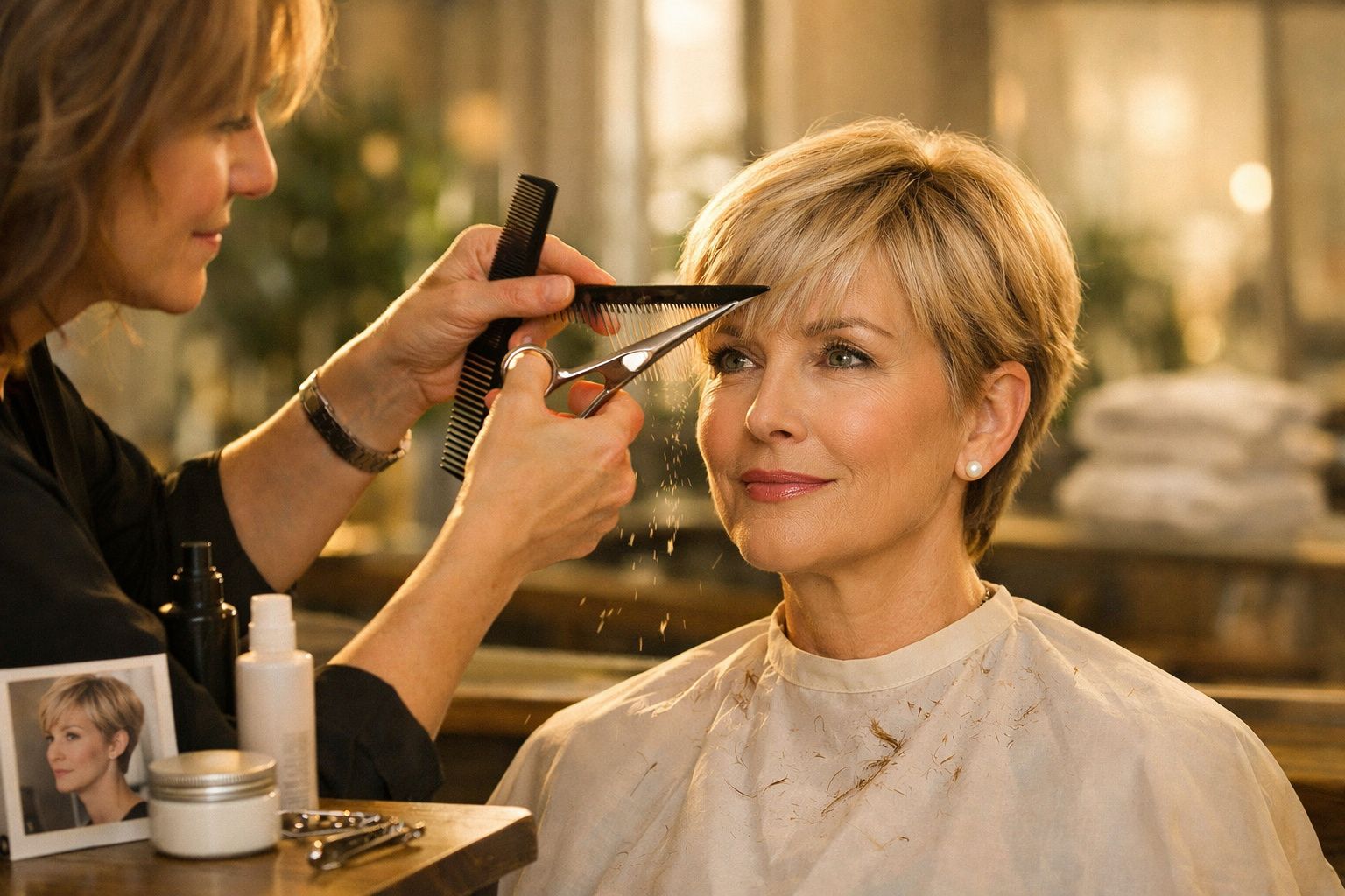 Mulher a cortar o cabelo curto num salão de cabeleireiro, com espelho e plantas ao fundo.