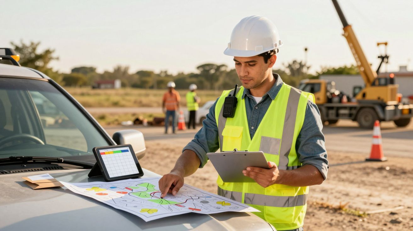 Homem de capacete e colete refletor consulta mapa e tablet num estaleiro de obras.