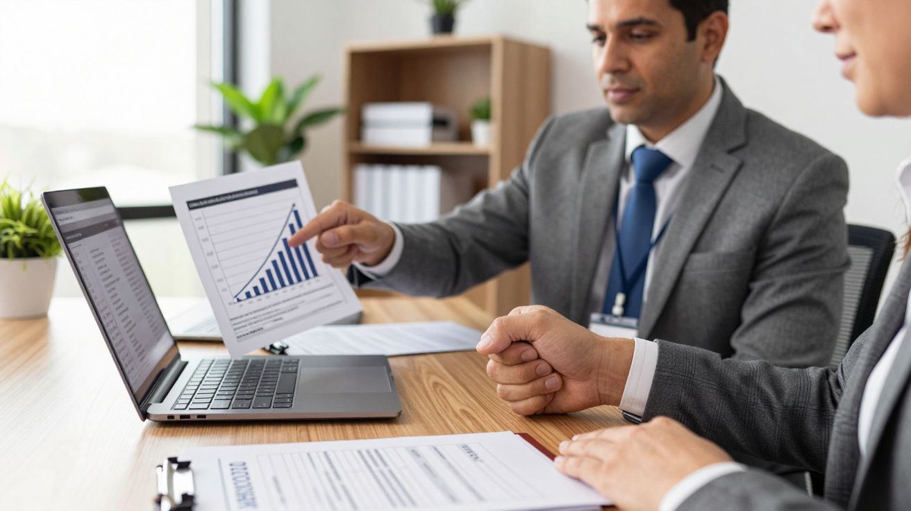 Dois homens de negócios revendo gráficos e documentos num escritório.