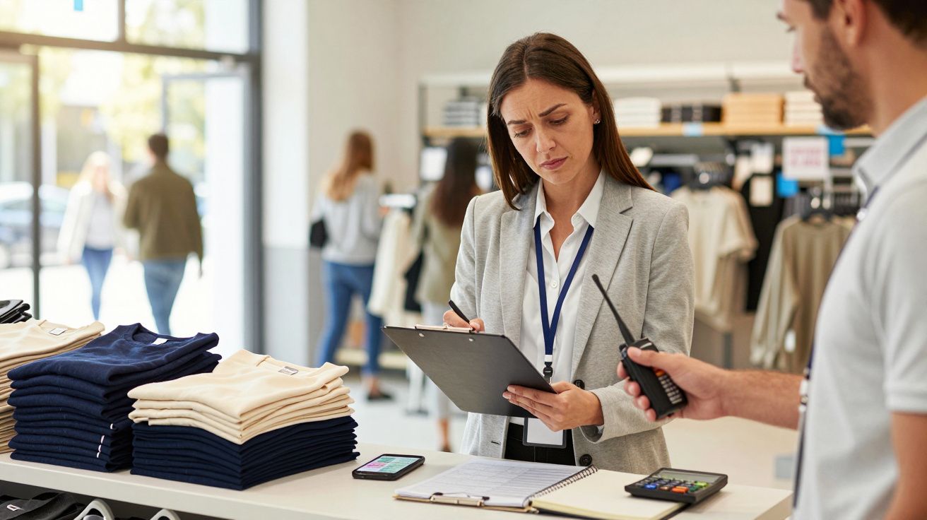 Mulher escreve numa prancheta numa loja de roupa. Uma pessoa ao lado segura um rádio. Roupa dobrada na mesa.