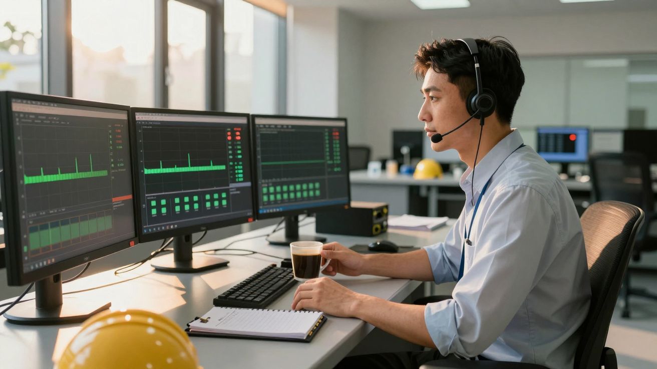 Homem com auscultadores analisa gráficos em três monitores enquanto toma café, num escritório iluminado pelo sol.