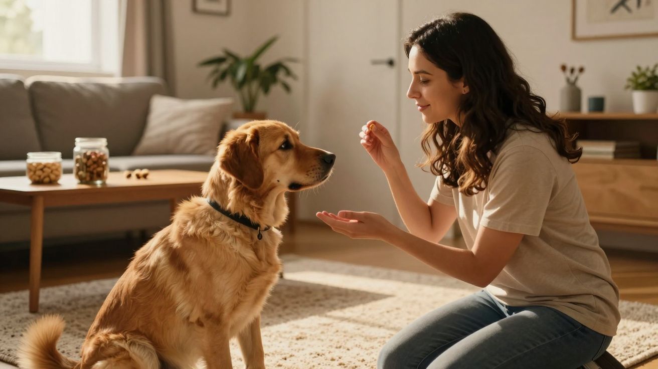Mulher ensina truque ao cão golden retriever numa sala iluminada pelo sol.