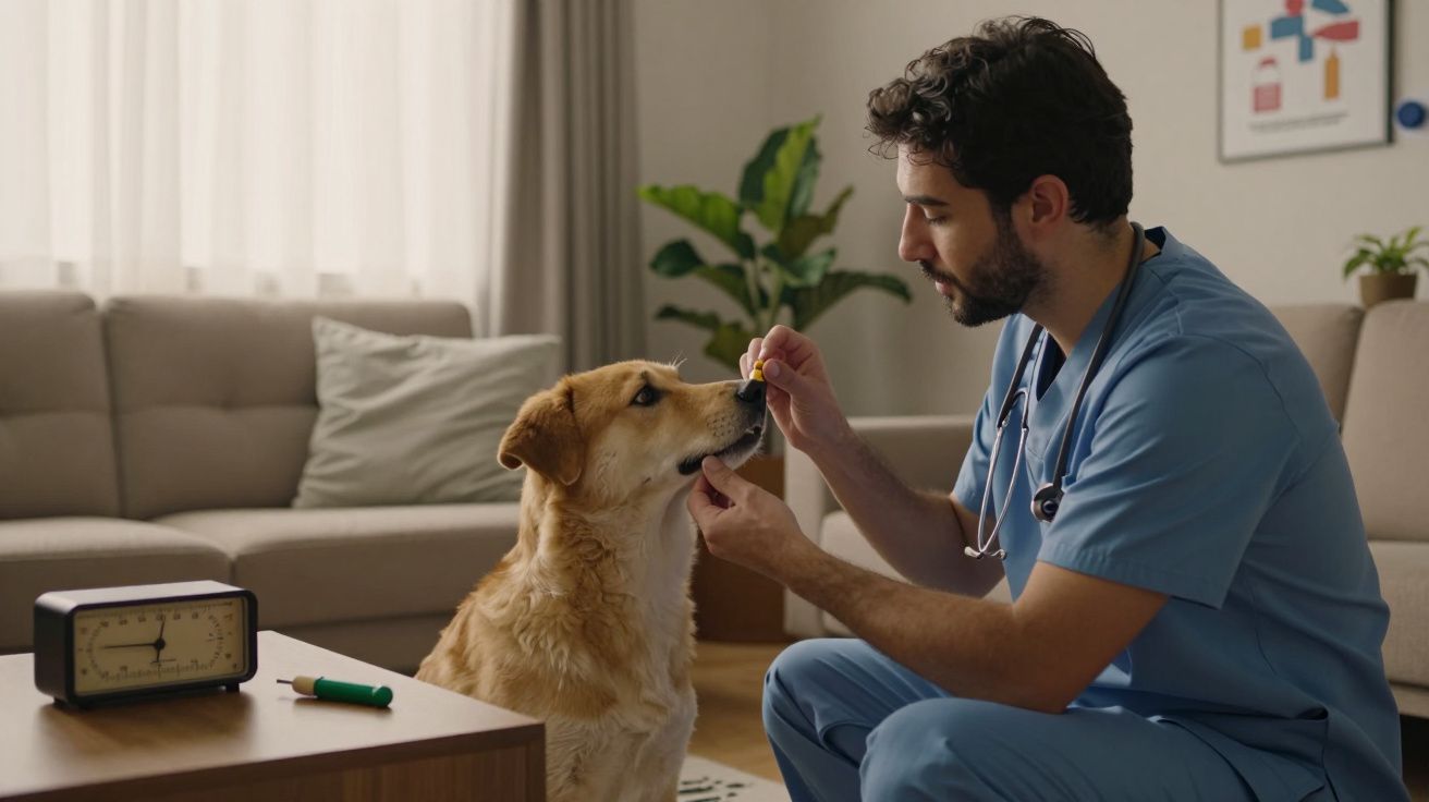 Veterinário dá medicamento a um cão numa sala de estar, ao lado de um sofá e de uma planta.