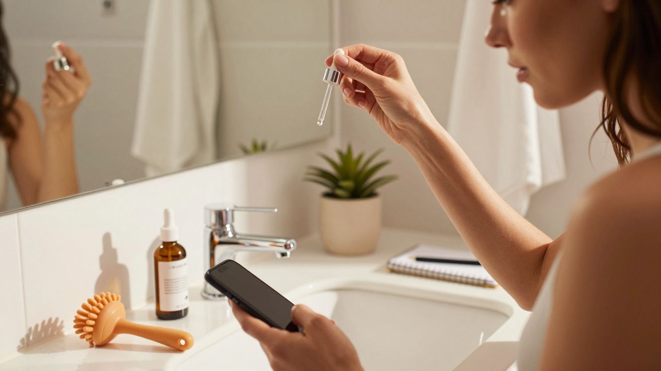 Mulher segurando pipeta na casa de banho, mexendo no telemóvel; há frasco, escova e planta sobre o lavatório.