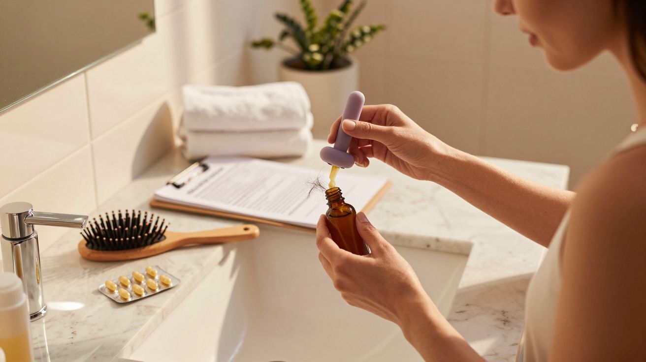 Mulher aplicando óleo no cabelo com conta-gotas ao lado de pia, com escova e comprimidos.