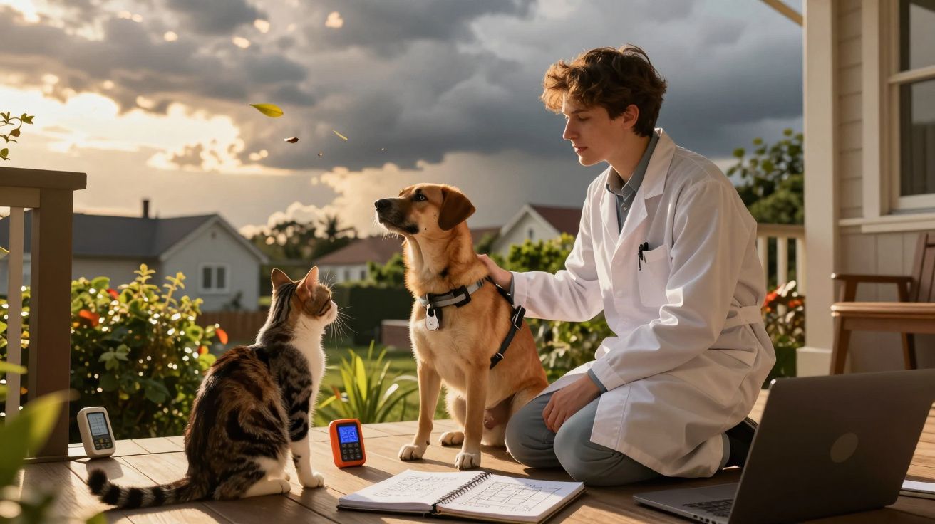 Veterinário numa varanda com um cão e um gato; computador e cadernos abertos ao lado, céu nublado ao fundo.