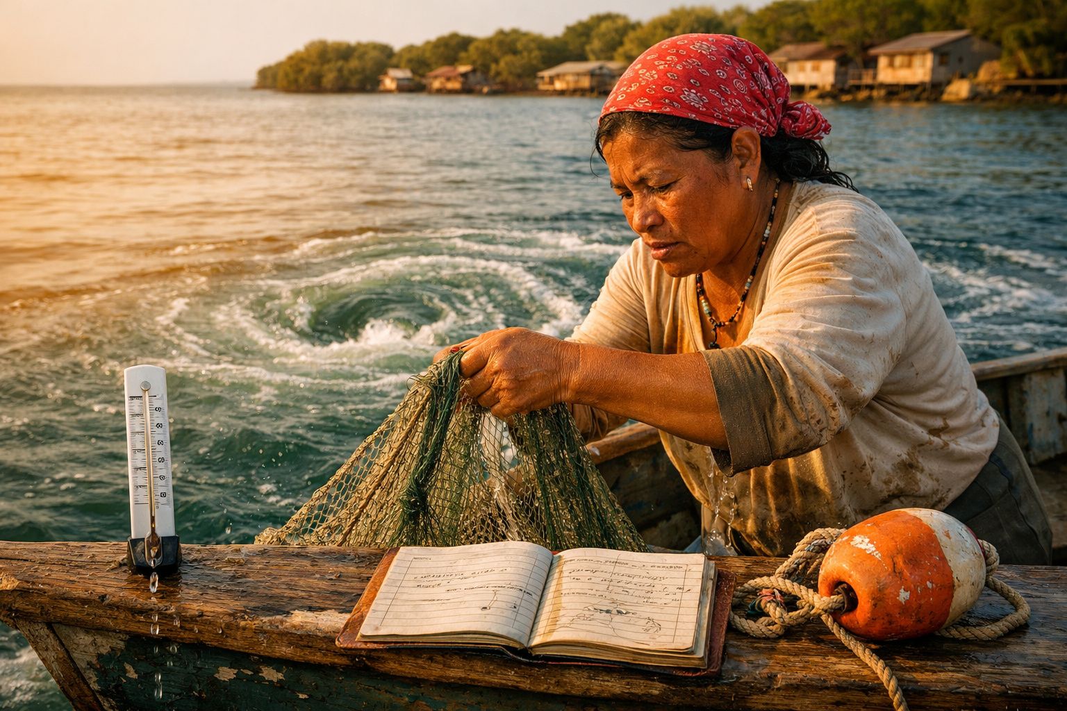 Cientista em praia a analisar água do mar com frascos e mapa; barco e pôr do sol ao fundo.