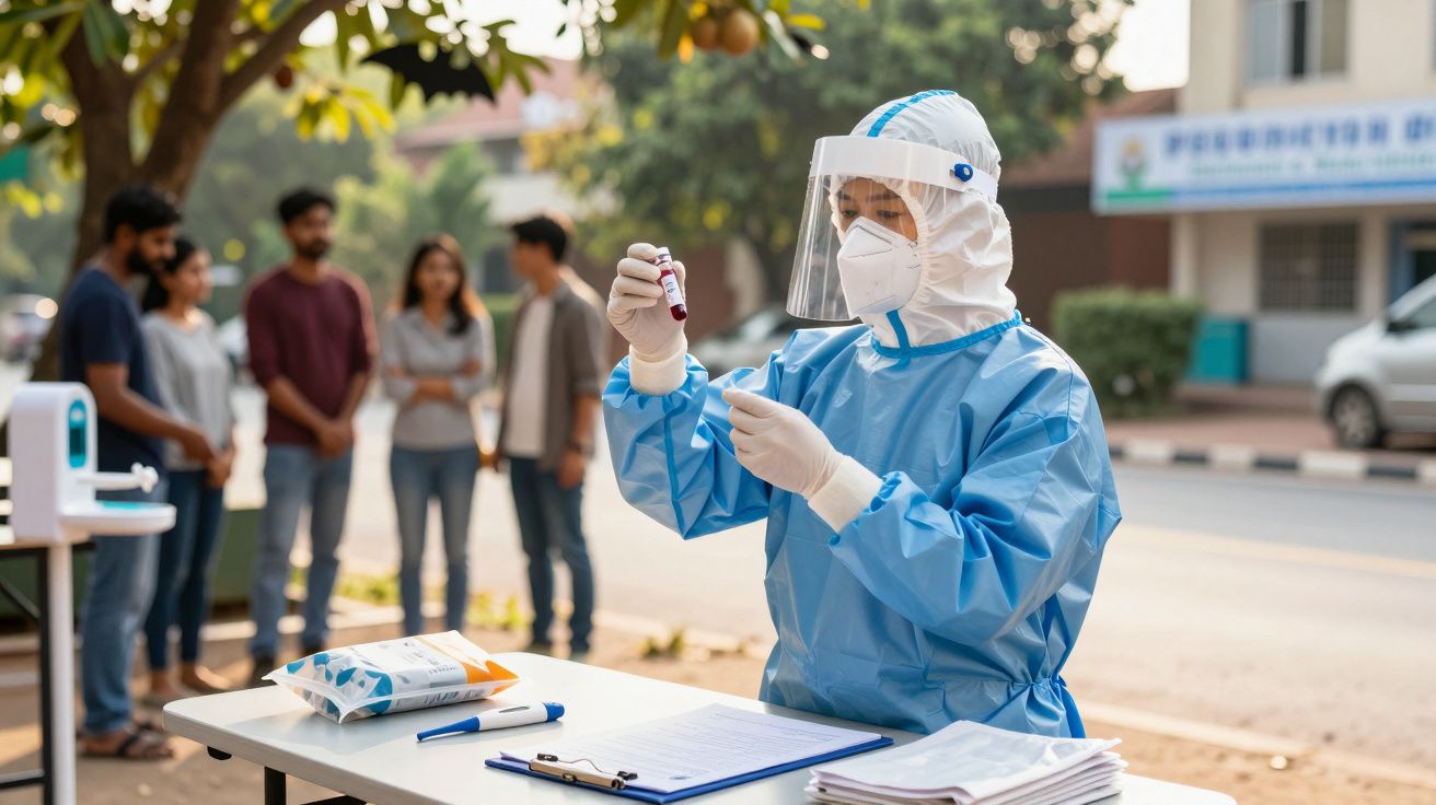Profissional de saúde em EPI analisa amostra de sangue em local público, com pessoas ao fundo.