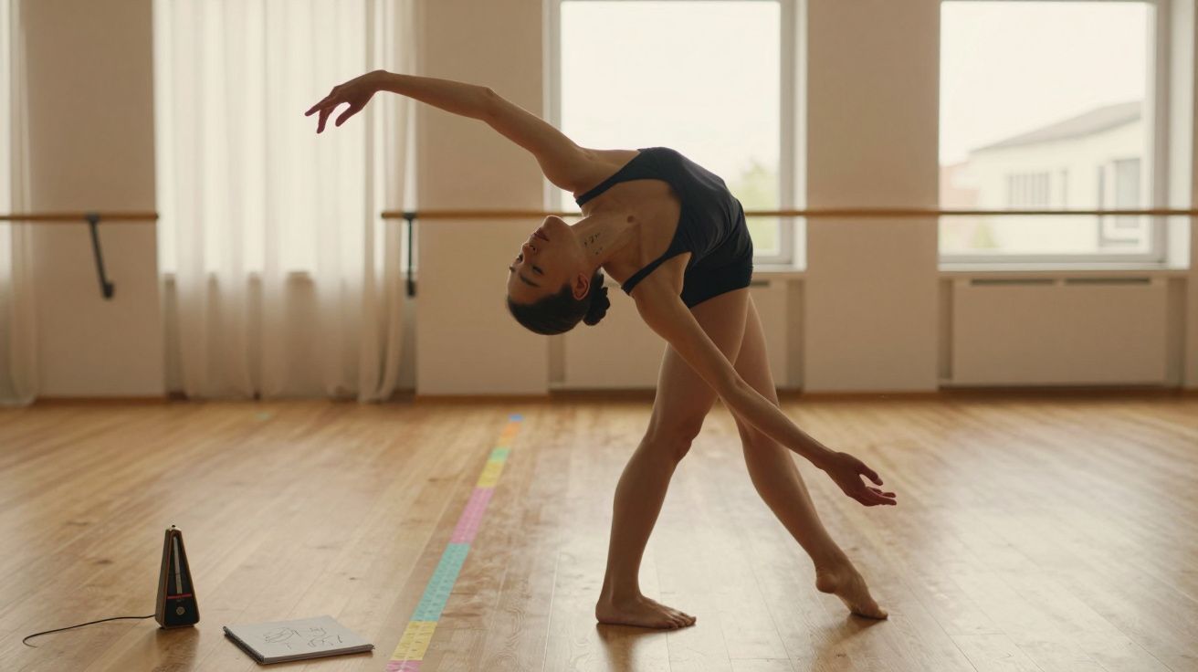 Bailarina de collant preto faz pose graciosa em estúdio de dança iluminado, próximo a um metrónomo e caderno no chão.