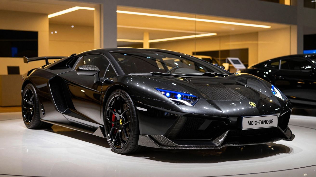 Carro desportivo preto em exposição num showroom, com design aerodinâmico e luzes LED azuis.