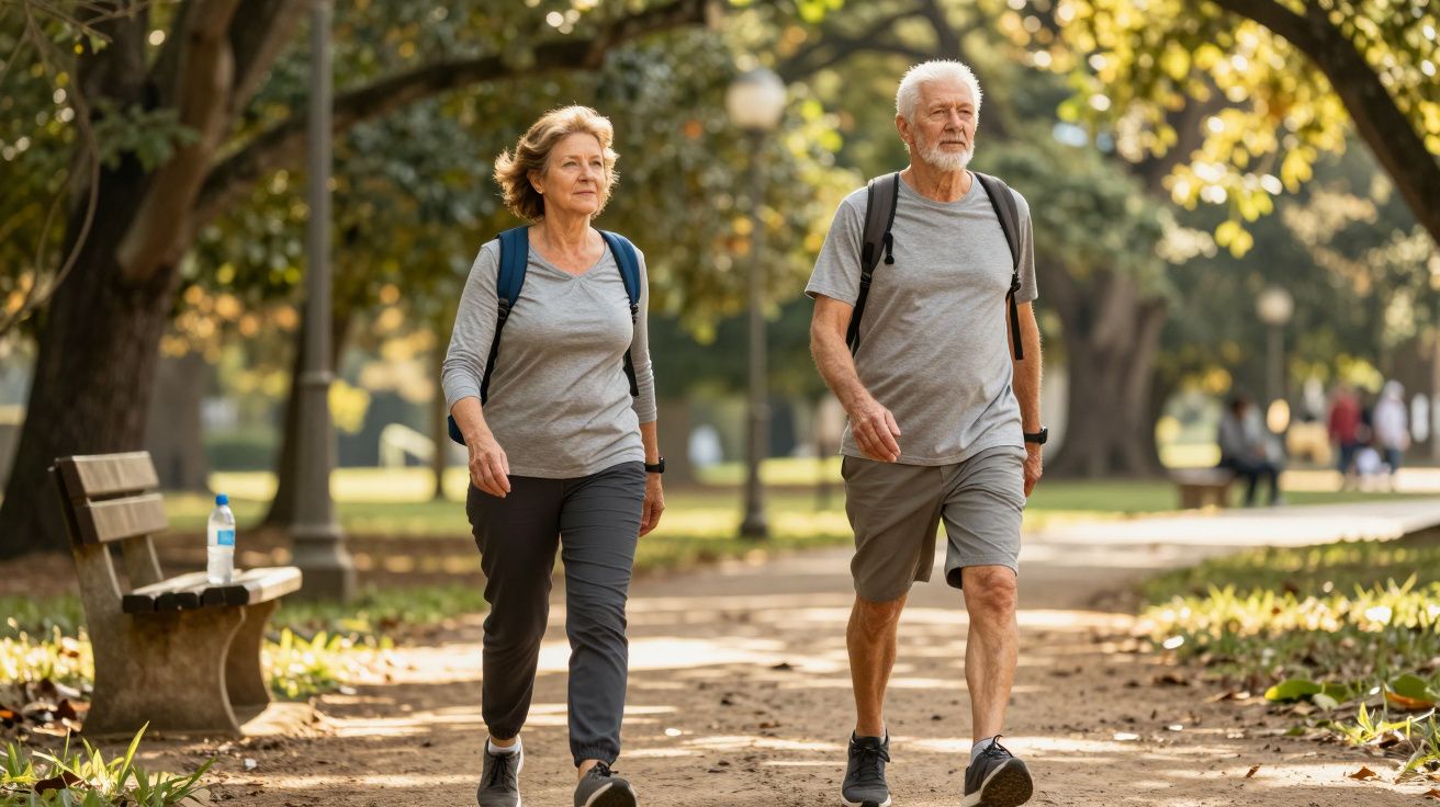 Casal idoso a caminhar em parque ensolarado, ambos com mochilas e roupa desportiva cinza.