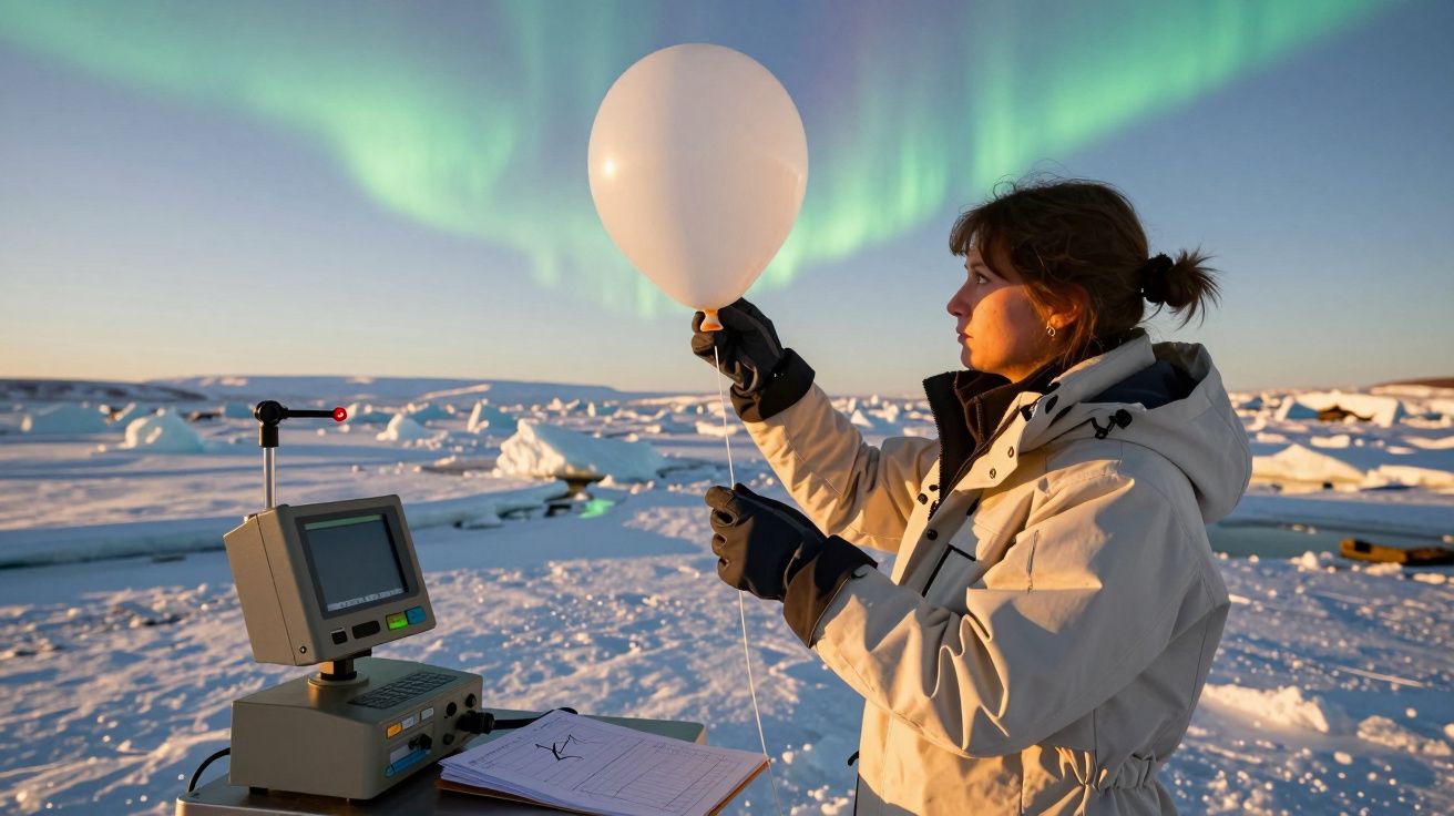 Cientista segura balão em paisagem ártica com auroras ao fundo, acompanhada por equipamento científico.