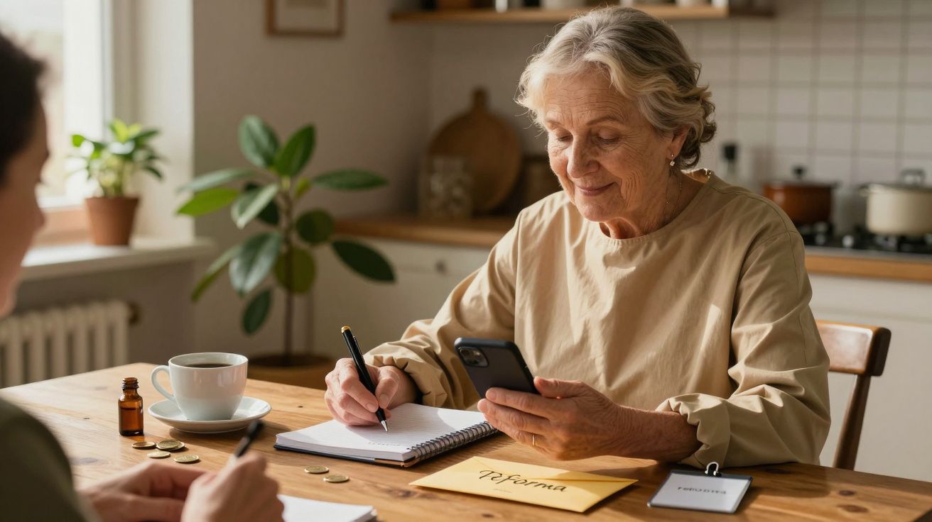 Idosa sentada à mesa com chá, usando telemóvel e escrevendo em bloco de notas, com um envelope marcado "Reforma".