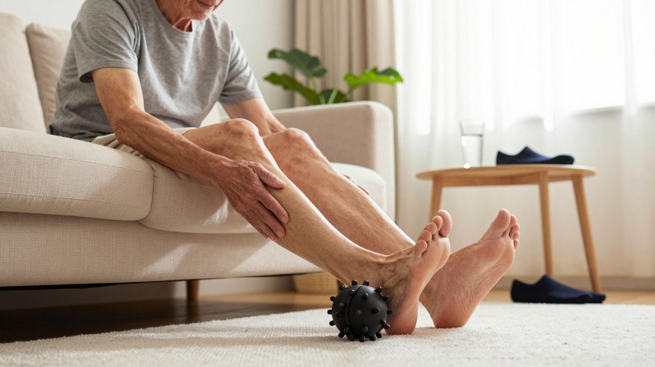 Homem idoso sentado no sofá massaja a perna usando uma bola de massagem com picos.