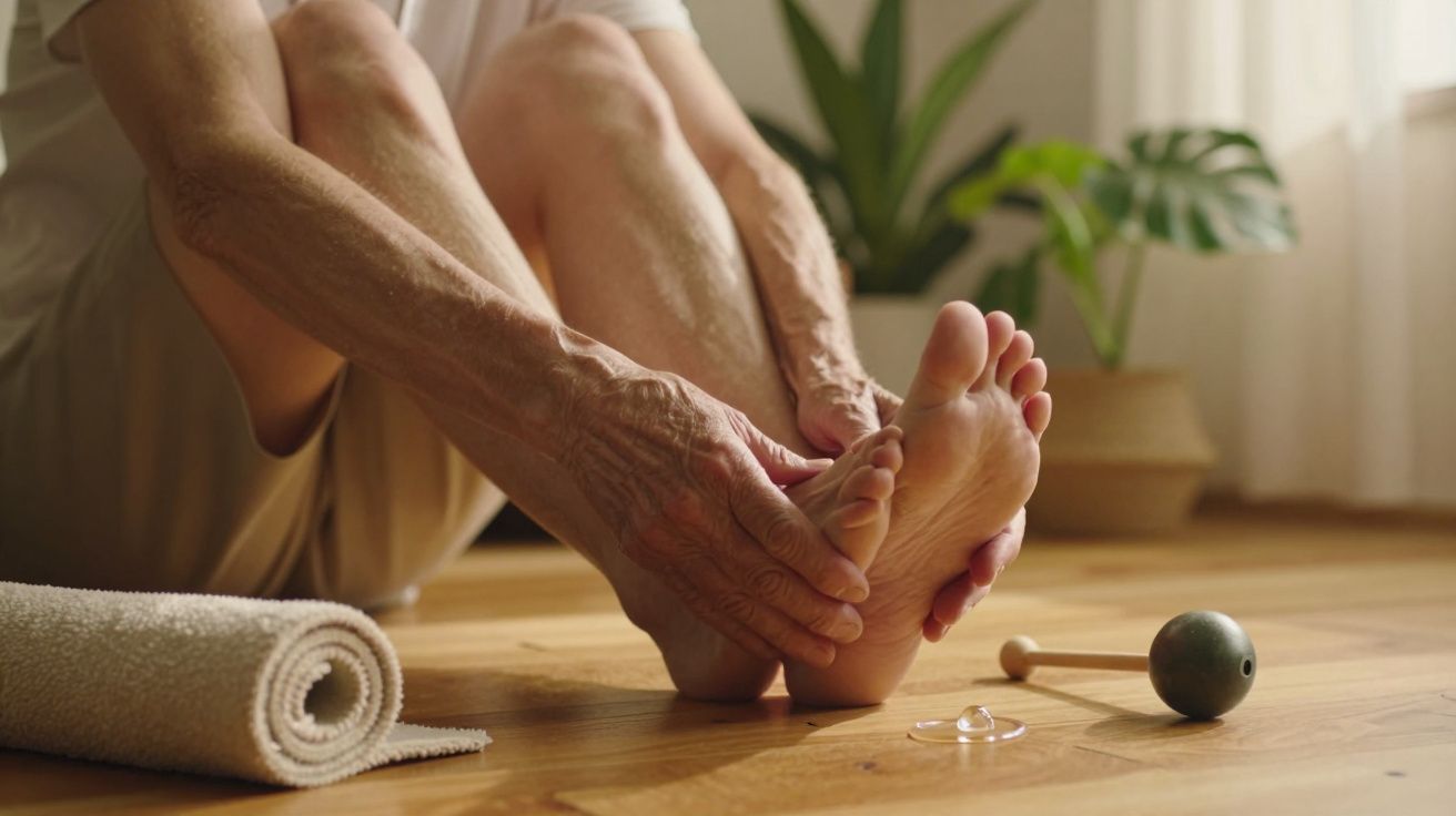 Pessoa massajando o pé sentado no chão de madeira, com plantas e objetos de yoga ao fundo.