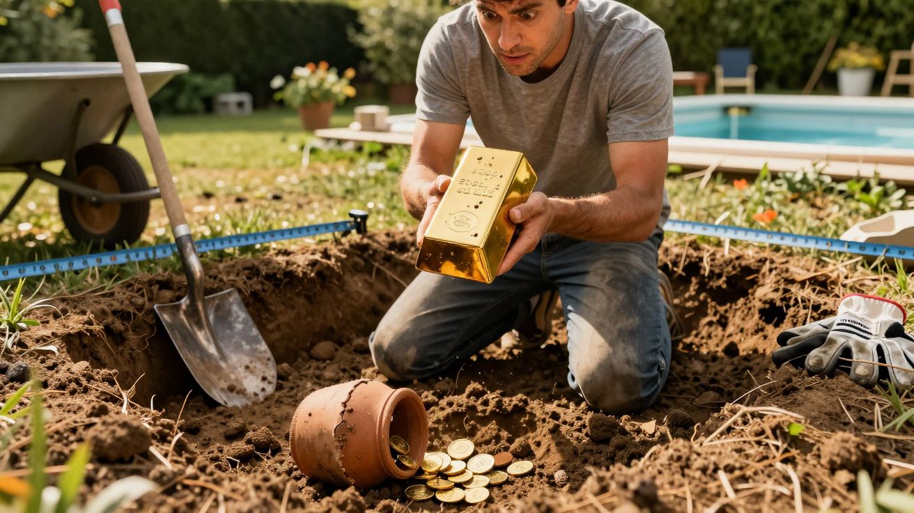 Homem encontra pepita de ouro e moedas em buraco no jardim, junto a piscina, com uma pá e luvas ao lado.