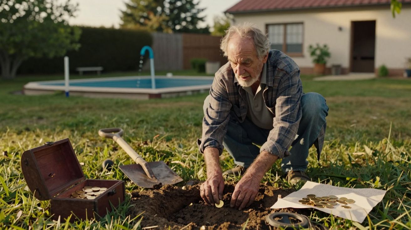 Homem idoso enterra moedas douradas num jardim, com uma piscina e casa ao fundo. Uma pá está ao lado dele.