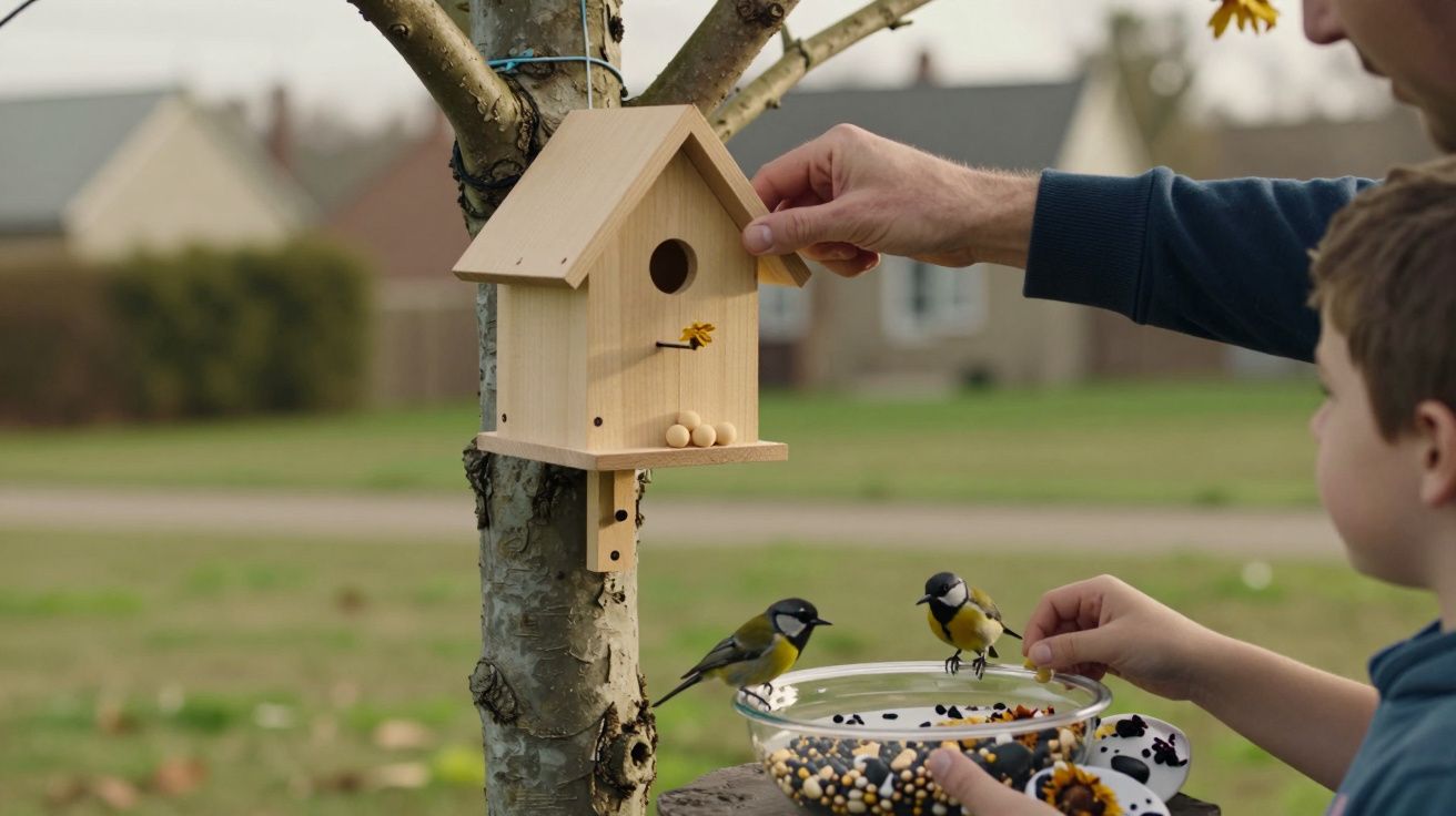 Homem e criança alimentando pássaros junto a uma casa de madeira numa árvore, num jardim.