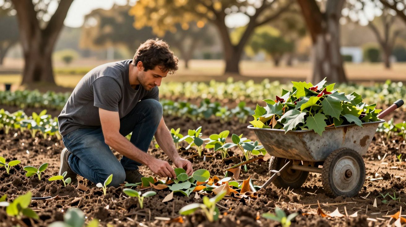 Homem ajoelhado a plantar mudas num campo, ao lado de um carrinho de mão cheio de folhas.