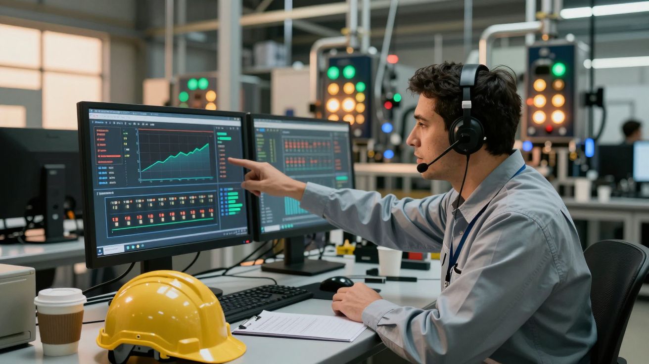 Homem com auriculares analisa gráficos em dois monitores numa sala de controlo, capacete amarelo e café na mesa.
