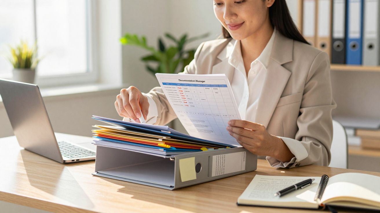 Mulher em escritório analisando documentos numa pasta, laptop ao lado, ambiente iluminado e organizado.
