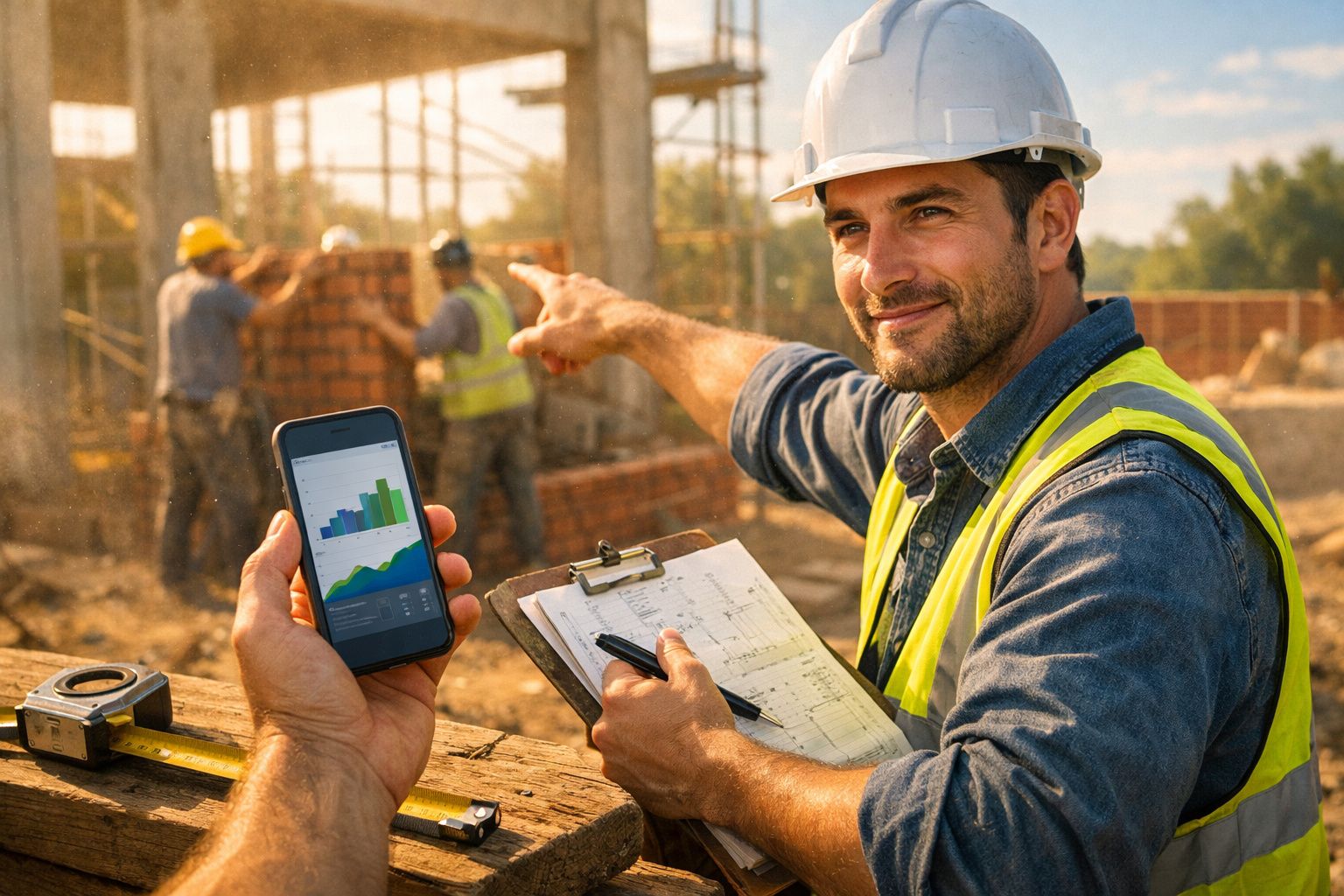 Engenheiro de construção com capacete e colete refletor, segurando planos numa obra, com betoneira ao fundo.