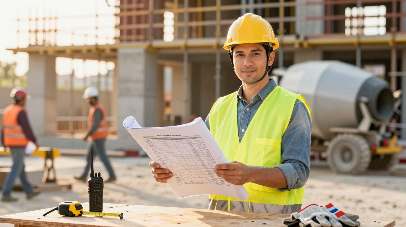 Engenheiro num estaleiro de construção, segurando planos, com betoneira e trabalhadores ao fundo.