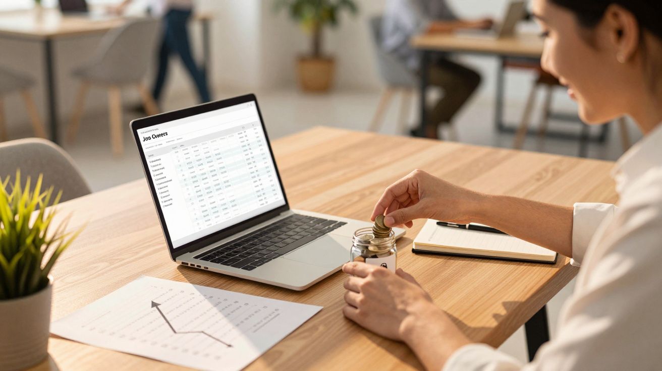 Mulher a poupar moedas em frasco ao lado de computador portátil com gráfico no ecrã numa mesa de escritório.