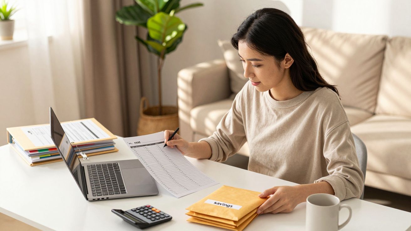 Mulher asiatica trabalha em casa, analisando documentos financeiros com portátil e calculadora sobre a mesa.